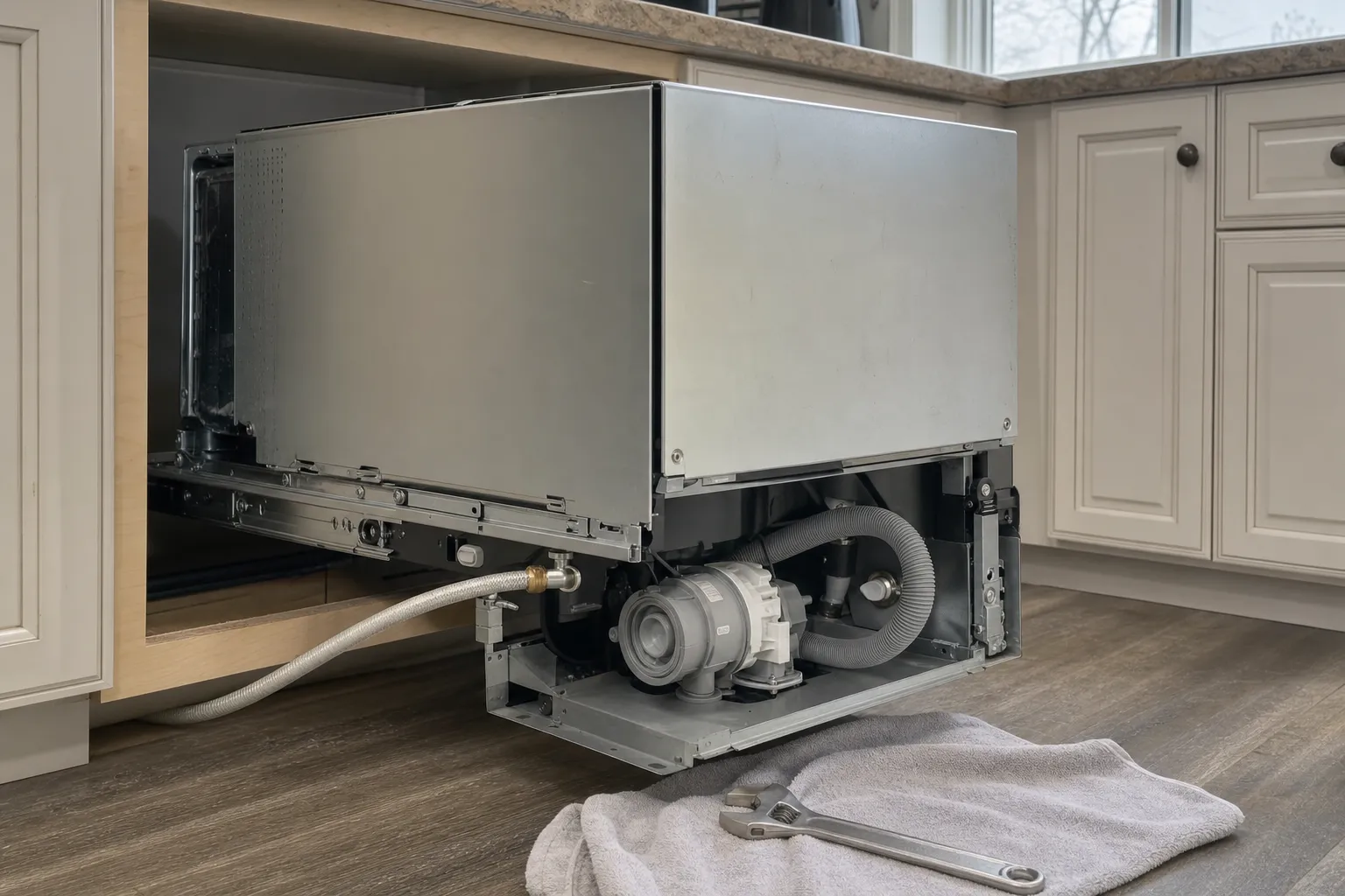 Dishwasher pulled clear of the cabinet run with its drain pump and hoses exposed underneath