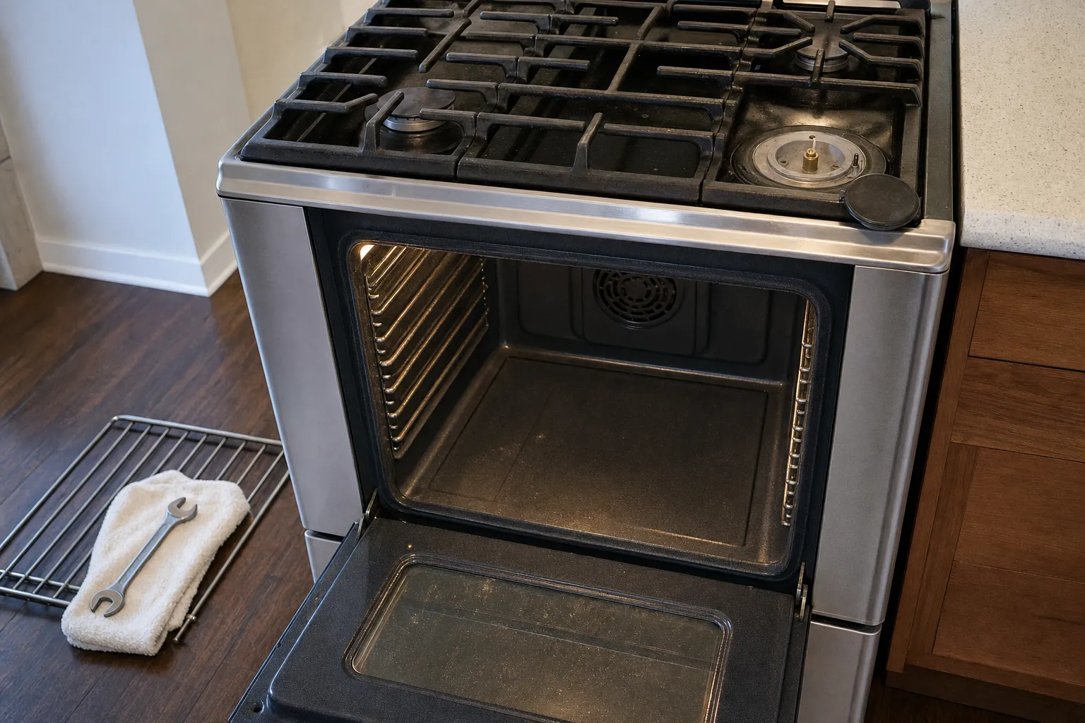 Stainless gas range with the oven door down, one burner cap lifted off and a rack set out on the floor