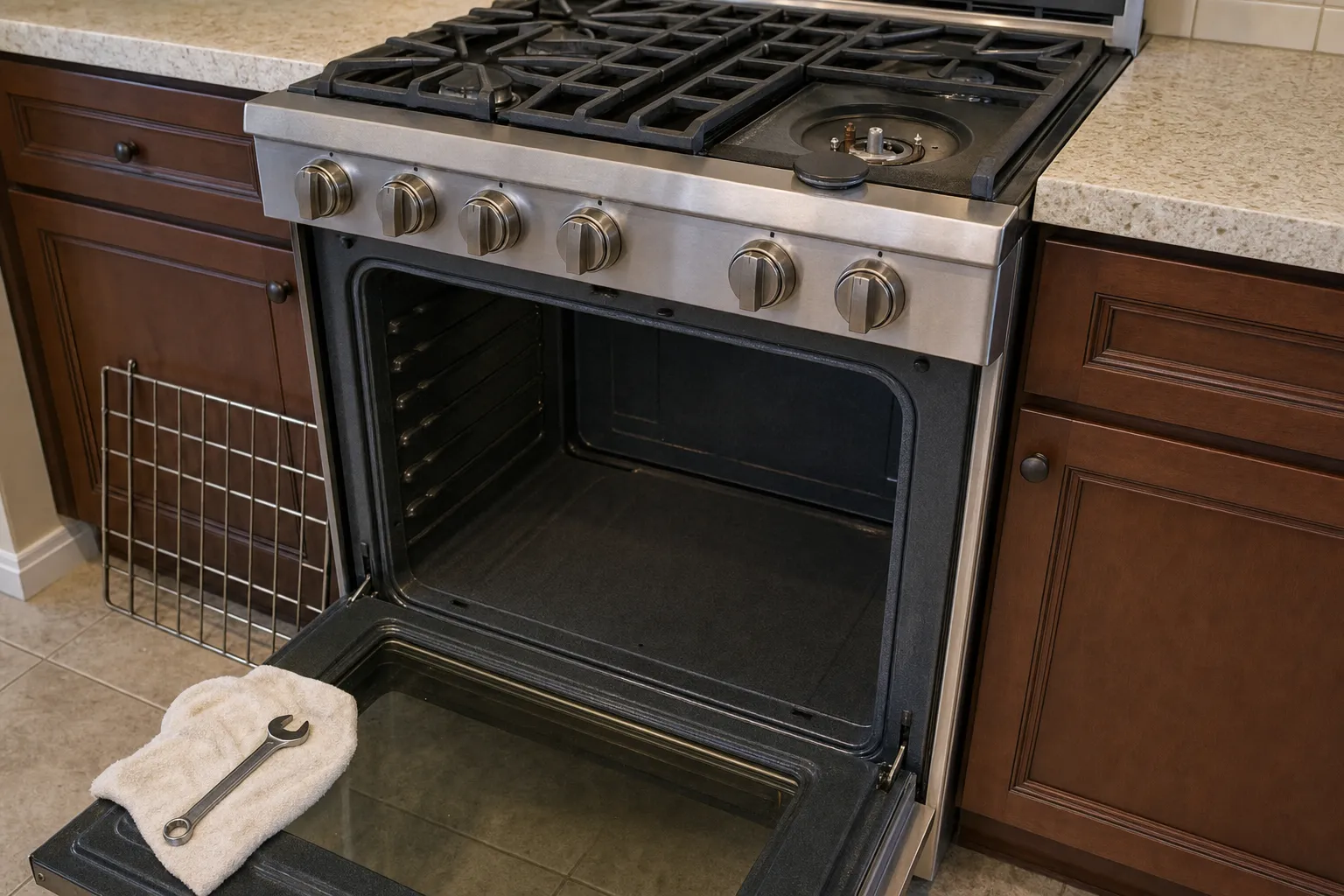 Six-knob stainless gas range with the right burner cap off beside its base, a folded towel and wrench on the lowered oven door, rack leaning on the cabinet