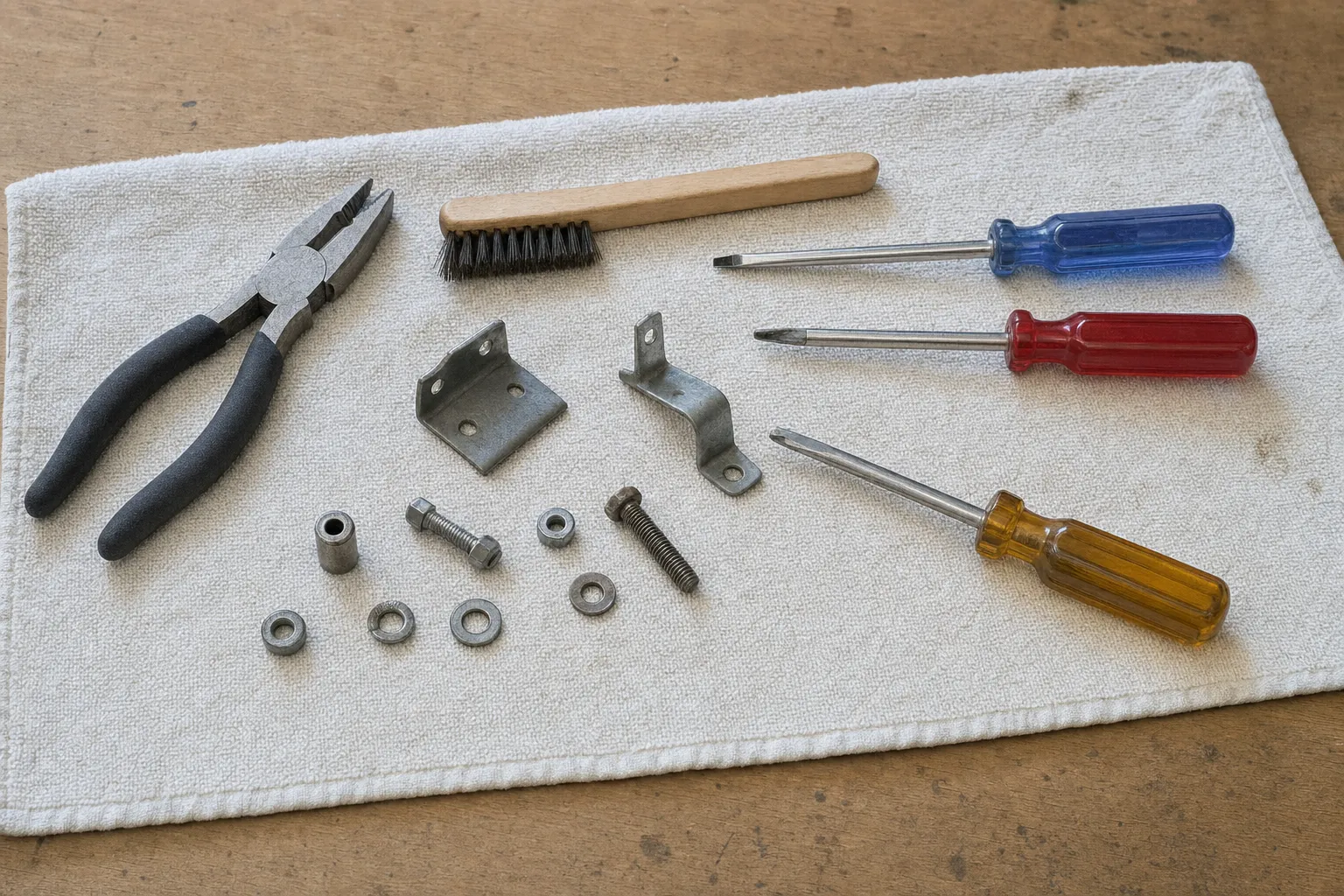 Pliers, a wooden wire brush and three screwdrivers on a white towel with an angle bracket, an offset bracket, a spacer, bolts and washers
