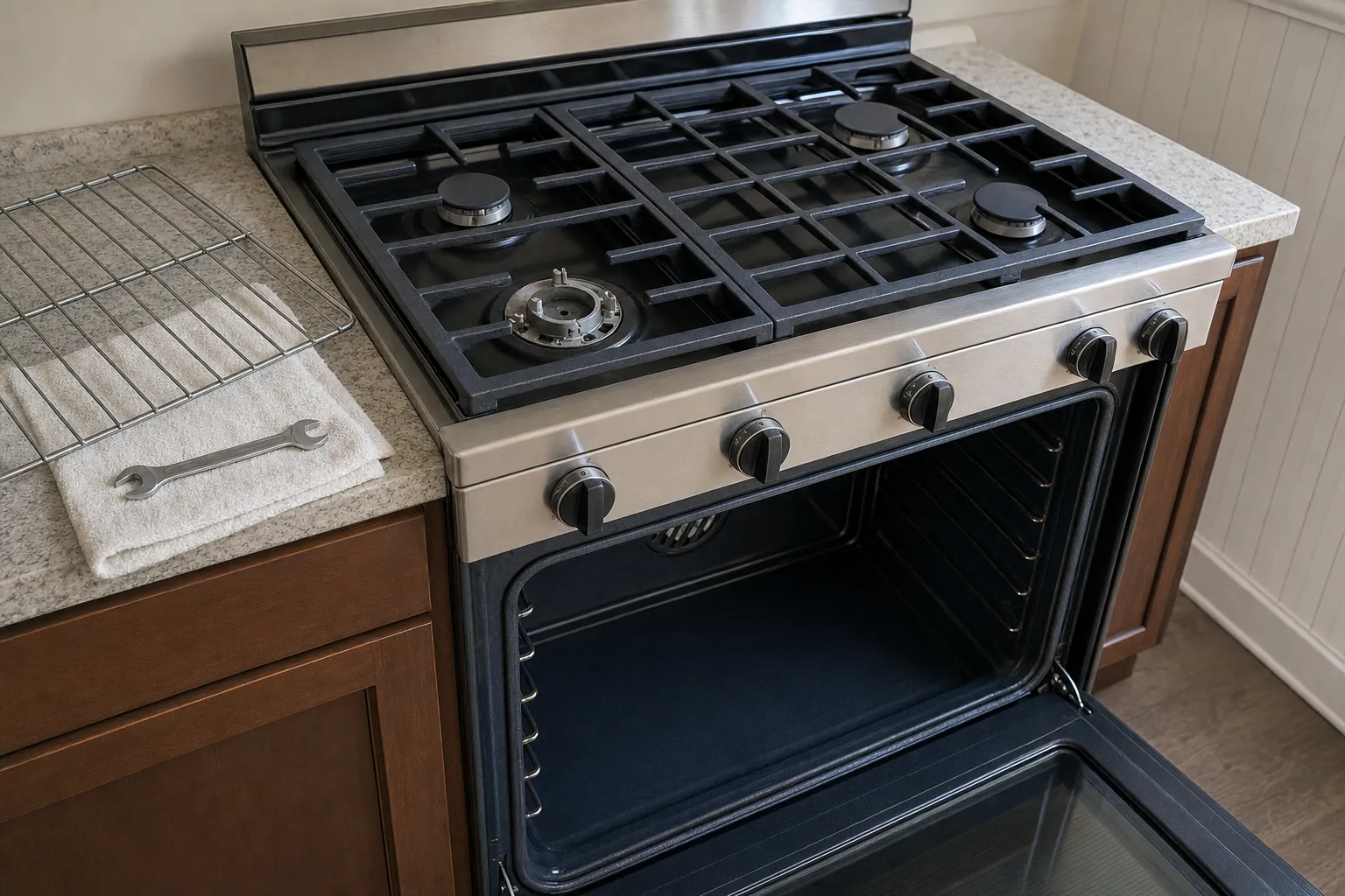 Overhead view of a four-burner gas cooktop with the front left burner down to its bare base, an oven rack and a wrench on a towel on the counter