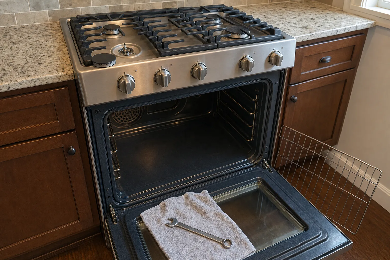 Five-burner stainless range with the front left cap off beside its electrode, a grey towel and wrench on the open oven door and the fan cover at the back